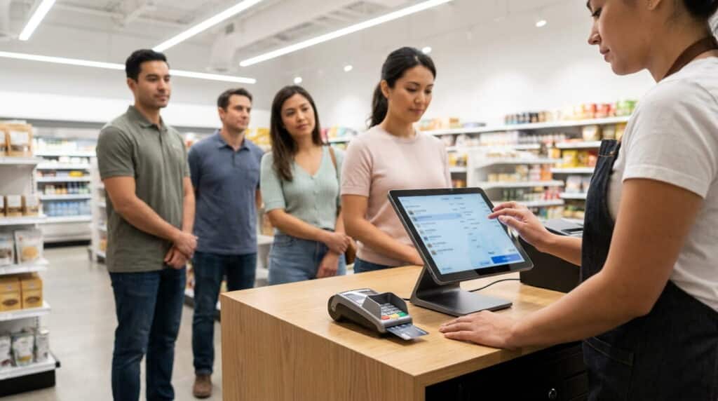 A cashier taps a touchscreen POS at a grocery checkout counter with a card inserted in the reader, while four customers wait in line among the store's shelved aisles.