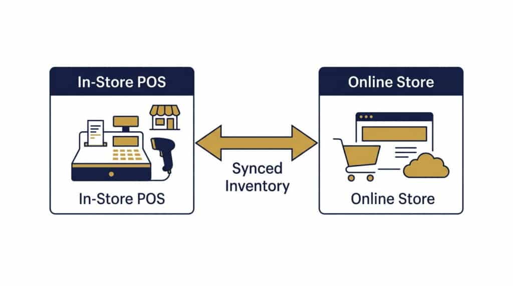 Diagram showing synced inventory between in-store POS and online store