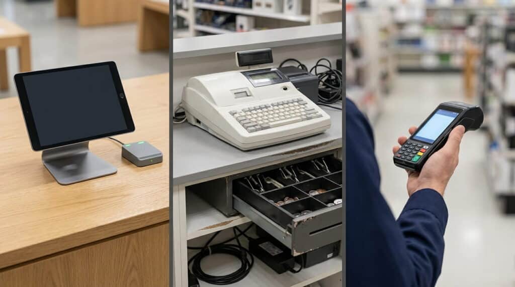 Three-panel comparison of point-of-sale systems: a modern tablet POS on a stand, an old-style cash register with an open coin-and-bill drawer, and a hand holding a wireless payment terminal in a store aisle.