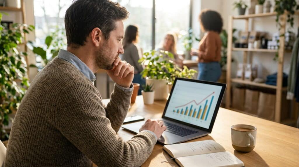 Retail manager reviewing a sales trend graph to forecast demand