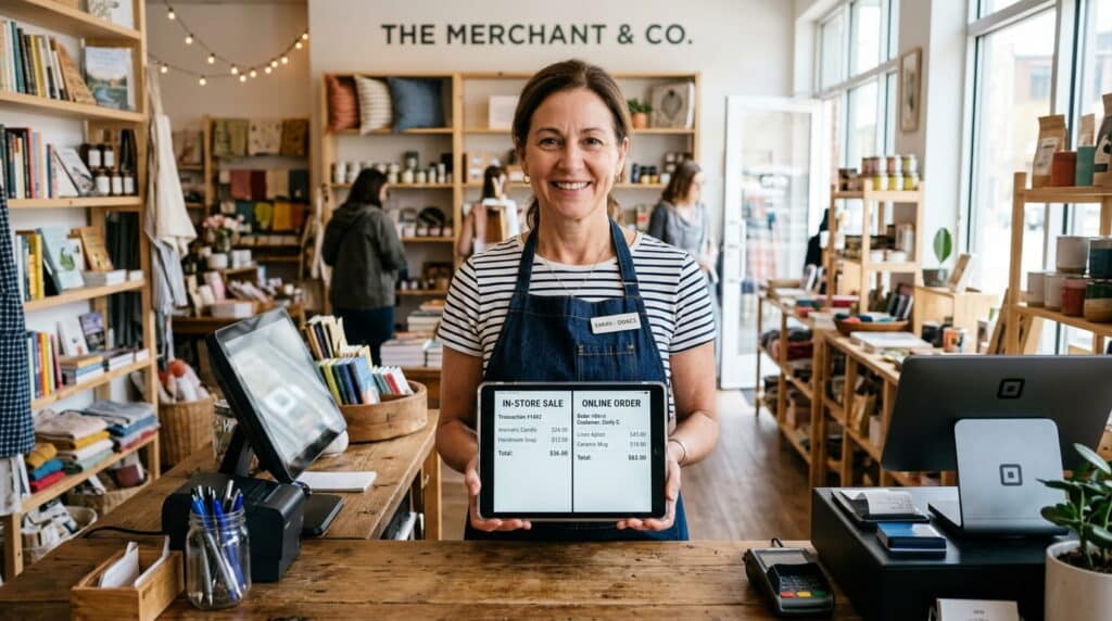 Retail store owner managing both in-store and online orders on a tablet