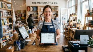 Retail store owner managing both in-store and online orders on a tablet