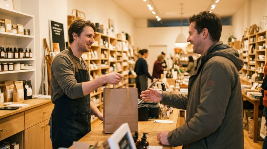 A smiling apron-clad shop clerk hands a brown paper bag to a customer at the counter, with shelves of bottled goods and other shoppers in the background.