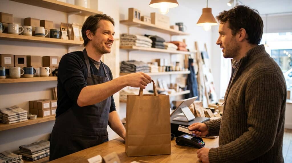A smiling shopkeeper hands a brown paper bag to a customer who holds out a card to tap on the payment terminal, with mugs, folded linens, and boxed goods displayed on shelves behind the counter.