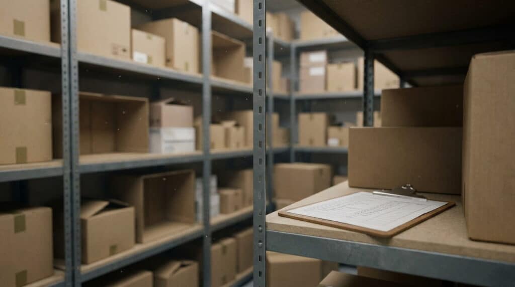 Stockroom shelving holding slow-moving inventory tying up storage space