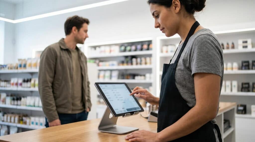 An aproned store employee taps a tablet on a counter stand while a customer waits nearby, with shelves of packaged goods lining the wall behind them.