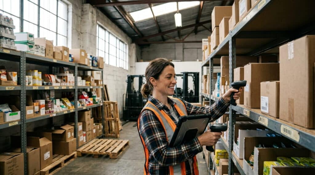 Warehouse worker scanning inventory with a tablet for order fulfillment