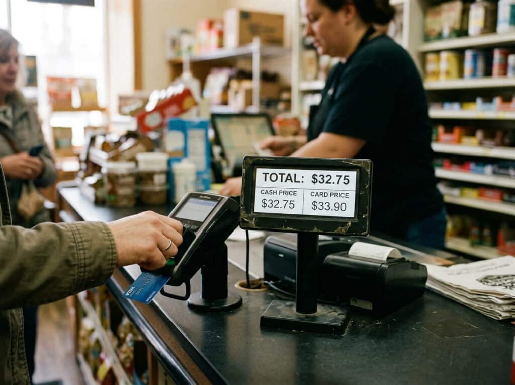 A customer-facing display showing dual cash and card pricing at checkout.