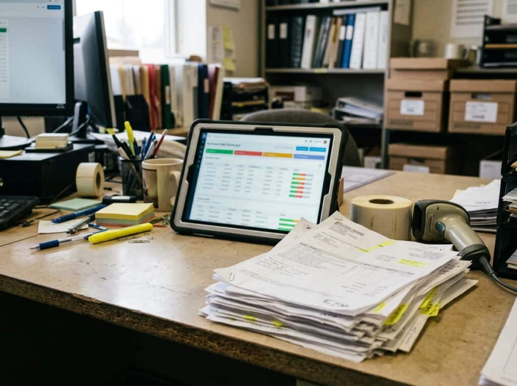 A retail purchase order dashboard shown on a tablet at a back-office desk.