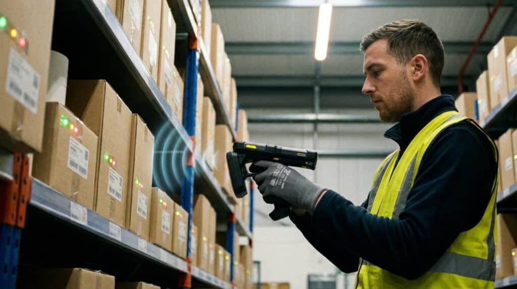 Warehouse employee using an RFID scanner to count multiple shelved items at once