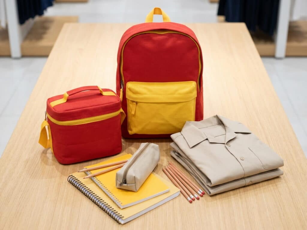 A red and yellow backpack and matching lunch bag arranged on a wooden table with a pencil case, spiral notebooks, pencils, and folded khaki shirts.