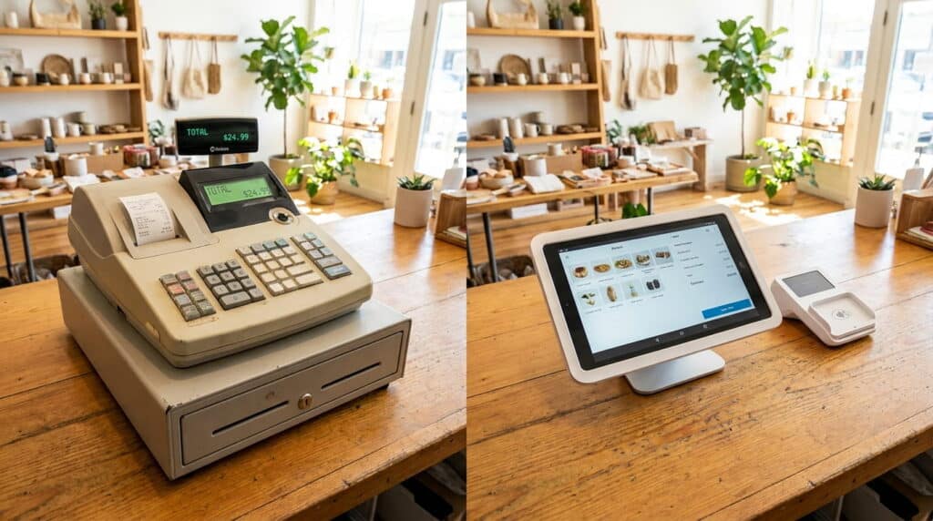 Left: an old beige electronic cash register with a printed receipt and a green display showing a $24.99 total on a wooden counter in a home goods shop. Right: a modern white tablet POS system with a contactless card reader on the same counter in the same store.