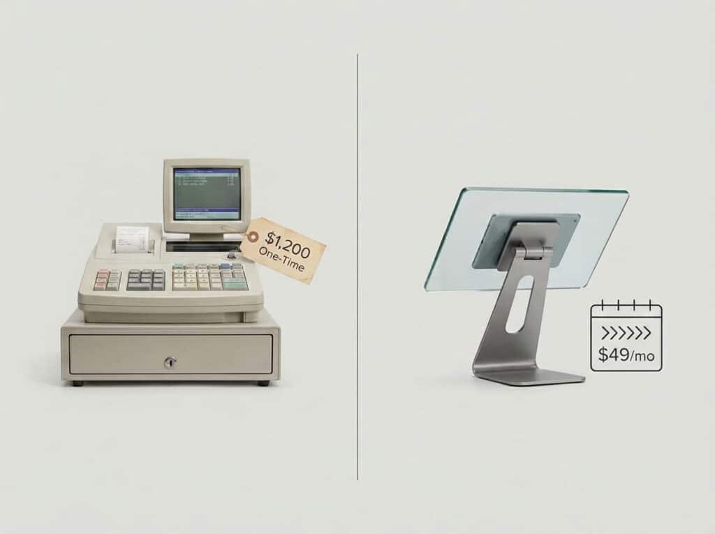 Left: a traditional beige cash register with a receipt printer and a hanging tag reading '$1,200 One-Time.' Right: a sleek tablet POS on a metal stand shown from behind with a calendar icon reading '$49/mo,' contrasting the cost of the two systems against a plain gray background.