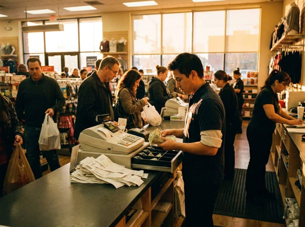A cashier counts a stack of cash at an open register drawer with a pile of receipts on the counter, while customers with shopping bags line up at a busy retail store checkout during a rush.