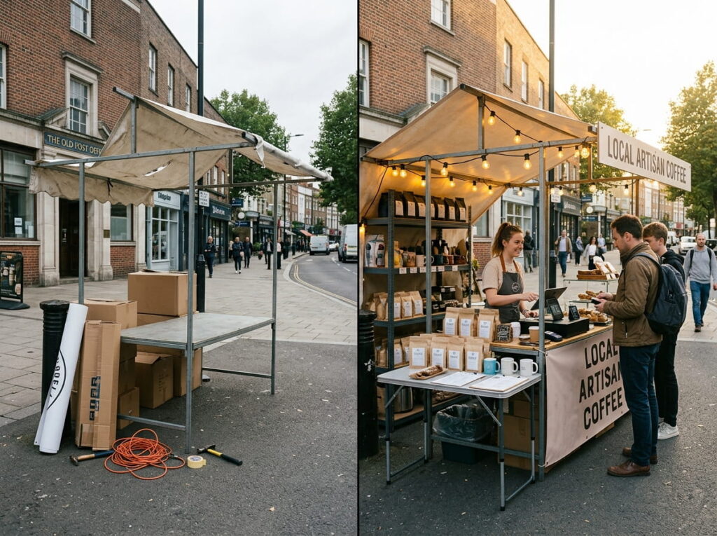 Before-and-after diptych of a street coffee stall: left, the bare metal frame and unpacked boxes on a city sidewalk; right, the finished 'Local Artisan Coffee' stall lit with string lights, stocked with coffee bags, and a barista serving two customers.