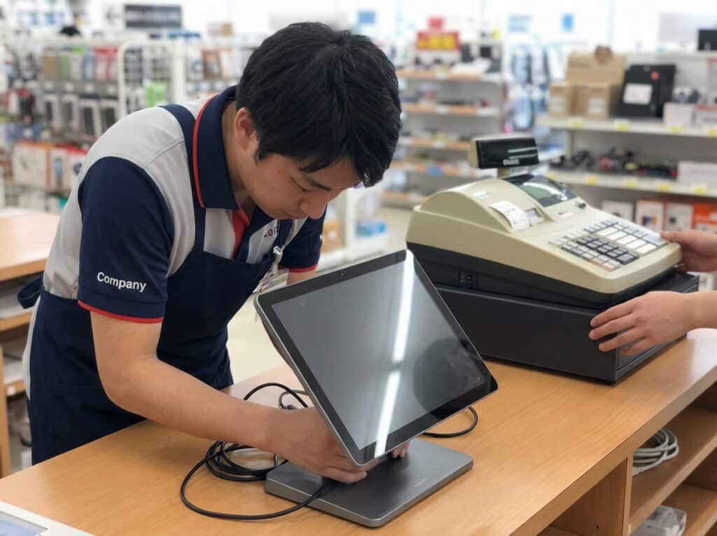 A store employee in a uniform apron leans over a counter to set up a new tablet POS terminal while a colleague moves an old beige cash register aside, with retail shelves in the background.