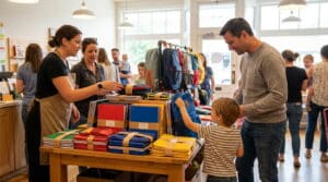 A father and young son browse a display table of colorful notebooks and backpacks in a busy shop, while a store employee and other shoppers look through school supplies nearby.