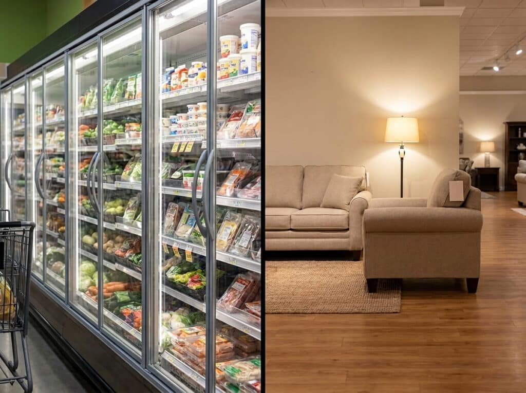 Split image comparing retail settings: left, glass-door grocery coolers stocked with produce and packaged food next to a shopping cart; right, a furniture showroom with a beige sofa, armchair, and lit floor lamp on a wood floor.