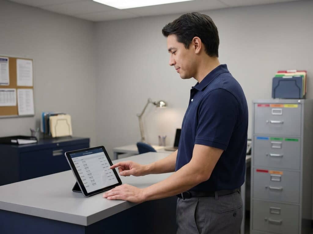 A manager in a navy polo shirt reviews time-clock records on a tablet at a standing desk, with filing cabinets and a corkboard in the office behind him.