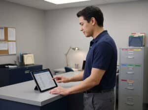 A manager in a navy polo shirt reviews time-clock records on a tablet at a standing desk, with filing cabinets and a corkboard in the office behind him.