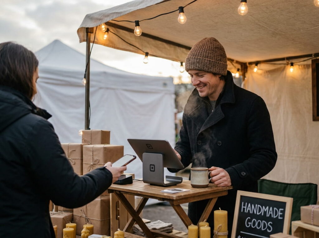 A smiling vendor in a beanie and dark coat rings up a customer's phone payment on a tablet POS at an outdoor market stall, with wrapped parcels, beeswax candles, and a 'Handmade Goods' chalkboard sign nearby.