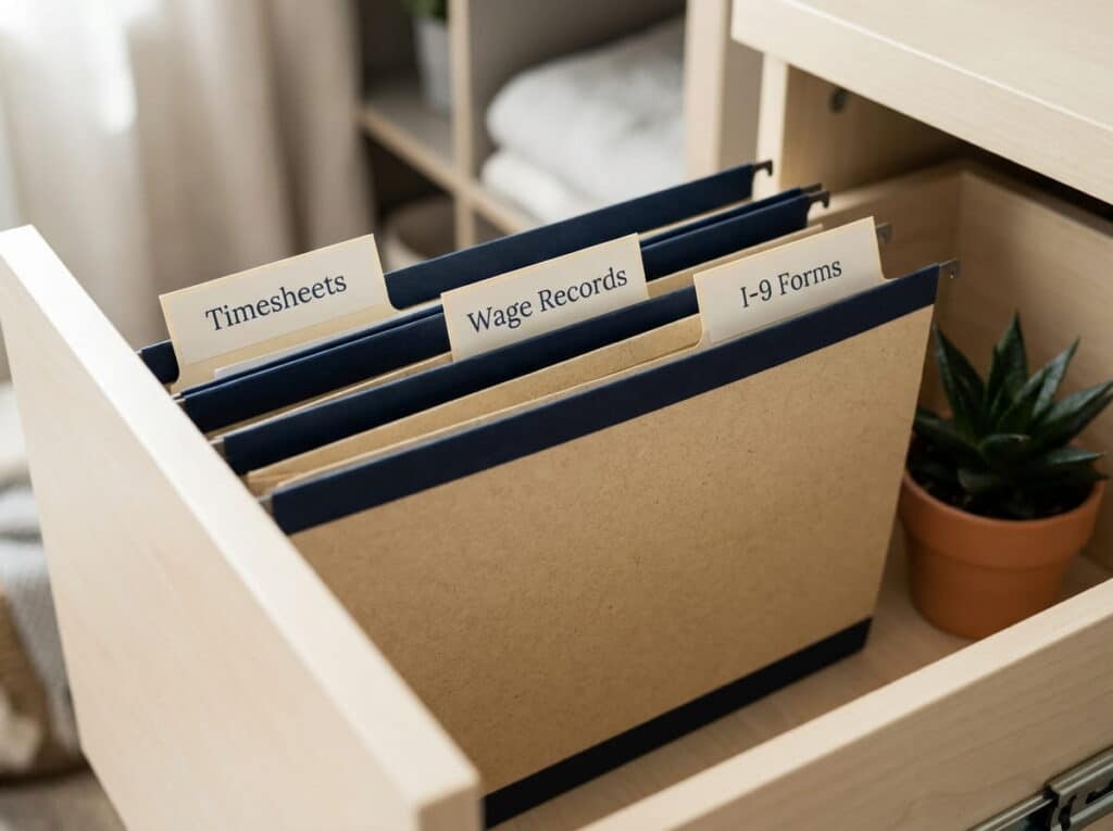 An open wooden drawer with hanging file folders labeled 'Timesheets,' 'Wage Records,' and 'I-9 Forms,' with a small potted succulent tucked in the corner.