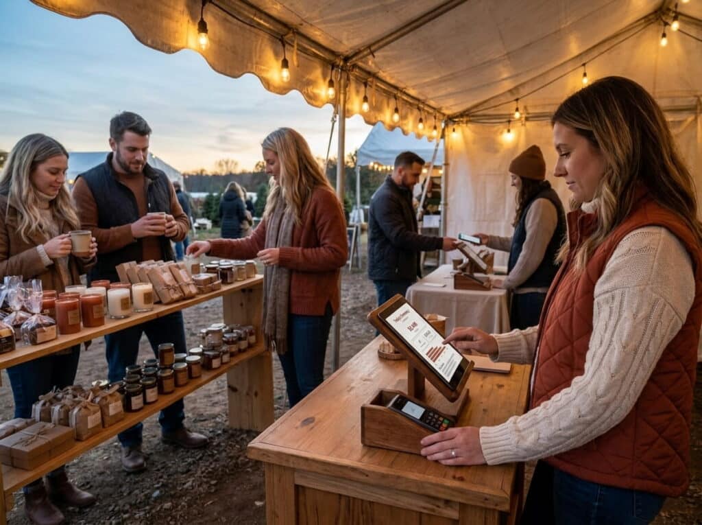 A busy string-lit market tent at dusk, with a vendor tapping a tablet POS at a wooden checkout counter while shoppers browse shelves of candles and jarred goods behind her.