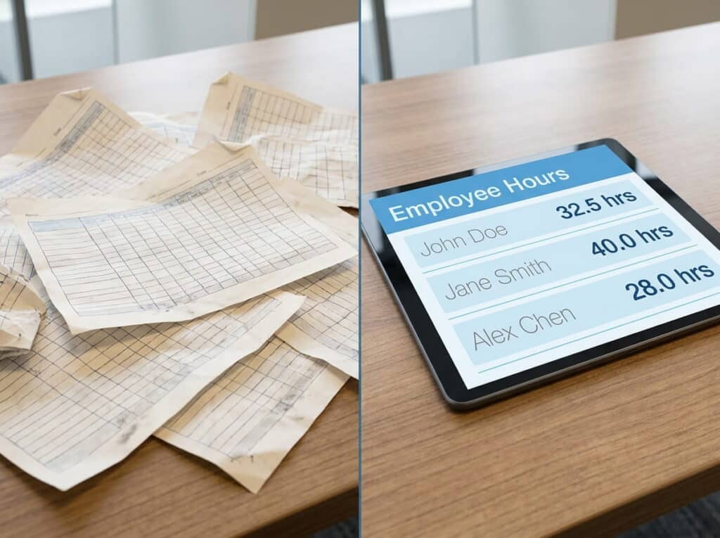 Split image comparing timekeeping methods: left, a messy pile of crumpled paper timesheets on a desk; right, a tablet displaying a clean digital 'Employee Hours' log for three employees.