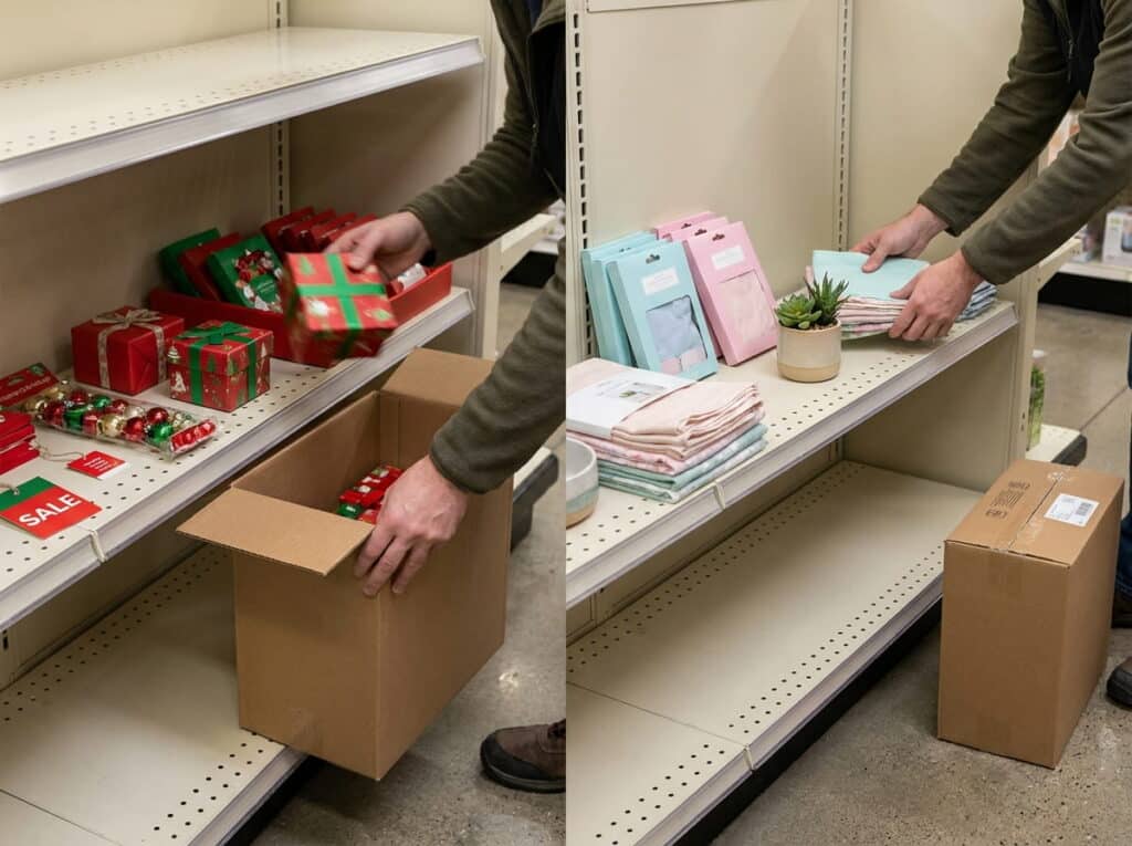 Split image of a retail worker changing a store shelf display: left, packing away red and green holiday gift boxes and ornaments into a cardboard box; right, arranging pastel spring towels and a succulent on the same shelving.