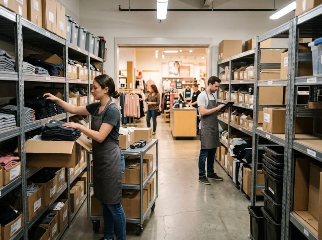 Two aproned staff members restock folded clothing on metal stockroom shelves, one checking a tablet, with the store's sales floor and customers visible through the doorway behind them.