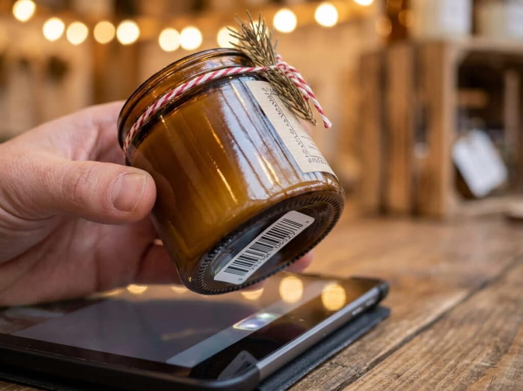 A hand holds an amber glass jar, tied with red-and-white twine and a sprig of greenery, showing its barcode over a tablet screen on a wooden table, with string lights and crates blurred in the background.