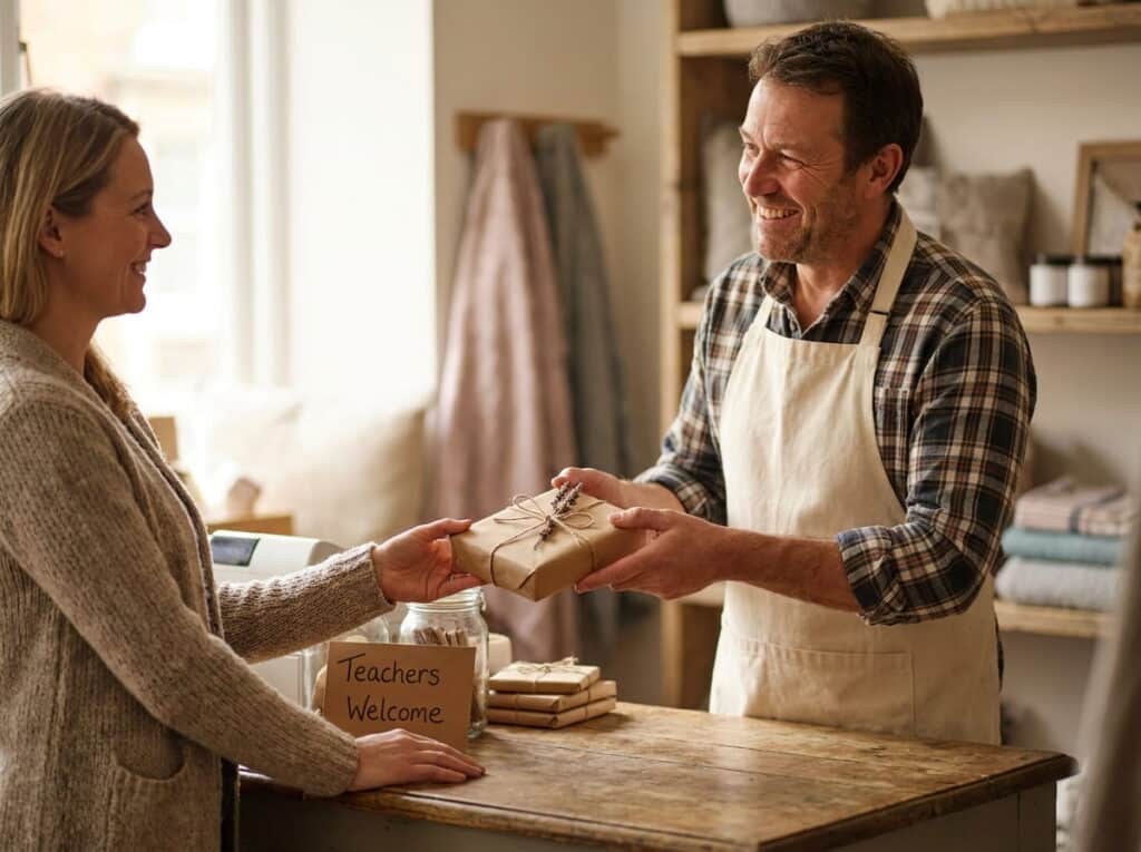A smiling apron-clad shop owner hands a brown paper-wrapped, twine-tied gift to a customer over a wooden counter with a 'Teachers Welcome' sign, in a shop lined with folded blankets and pillows.
