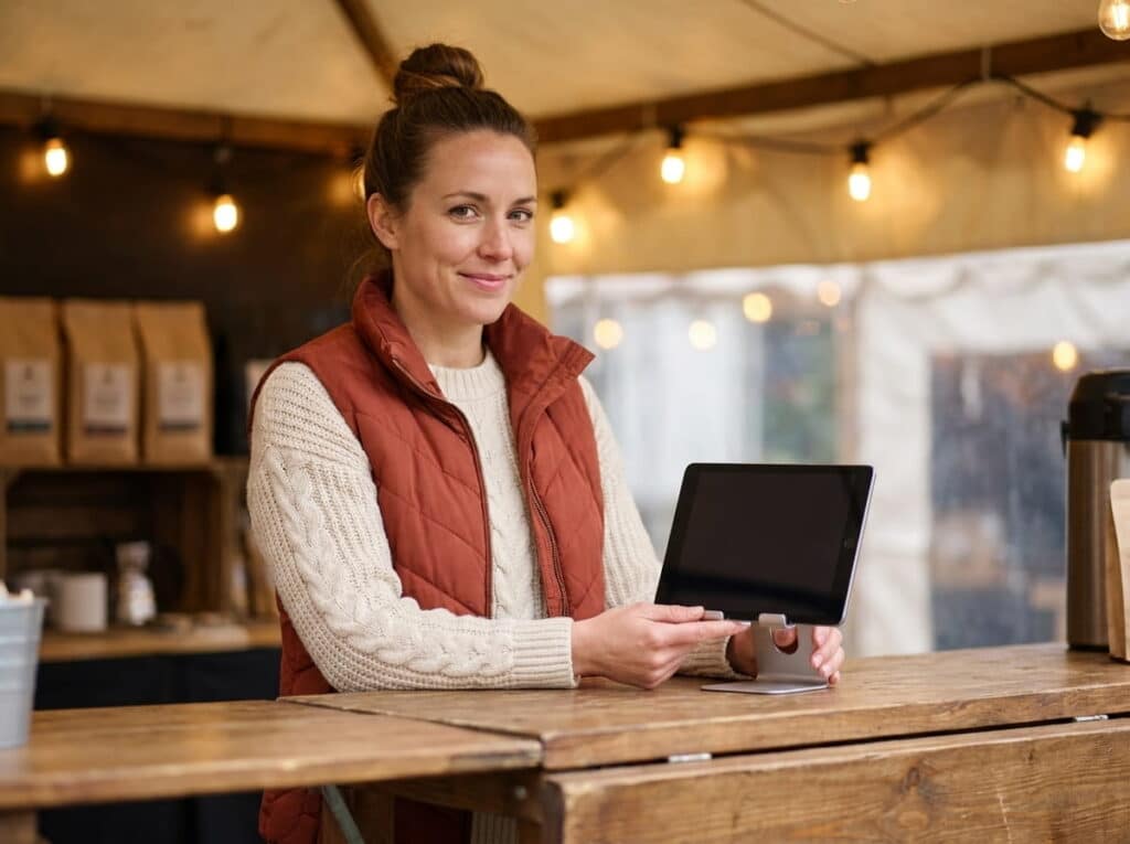 A smiling woman in a cream sweater and rust-colored vest stands behind a wooden counter, adjusting a tablet on a stand at a string-lit coffee stall with bagged coffee on shelves in the background.