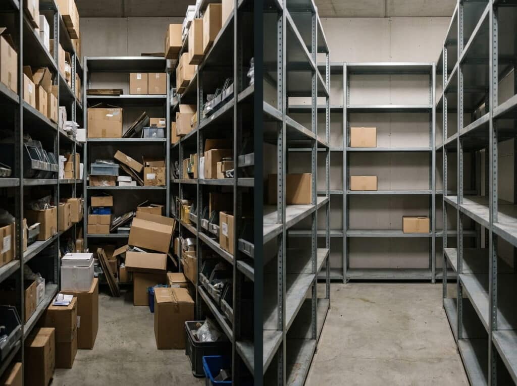 Split image comparing stockroom conditions: left, cluttered metal shelving overflowing with boxes and bins in a narrow aisle; right, the same style of shelving nearly empty with just a few scattered boxes.