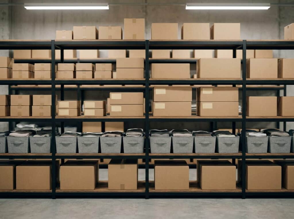 Rows of black metal warehouse shelving stacked with cardboard boxes of various sizes, plus a row of folded textiles and gray fabric storage bins on one shelf.