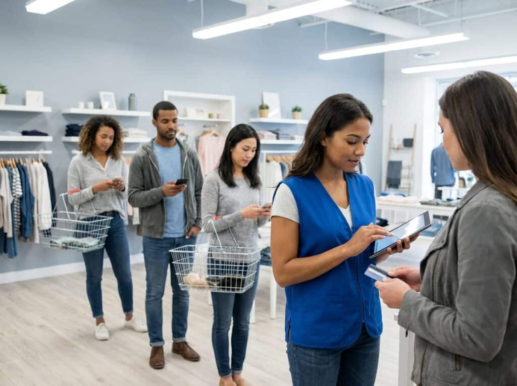 A store associate in a blue vest holds a tablet POS to check out a customer's card while three other shoppers with baskets wait in line on their phones, in a bright clothing store.