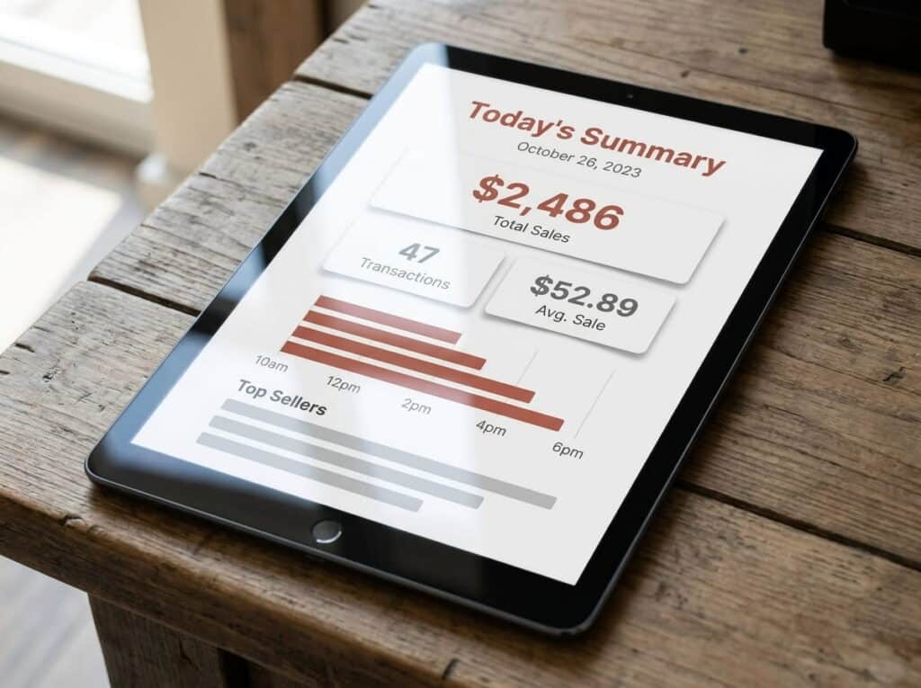 A tablet resting on a rustic wooden table displays a 'Today's Summary' sales dashboard showing $2,486 in total sales, 47 transactions, $52.89 average sale, an hourly sales bar chart, and a top sellers list.