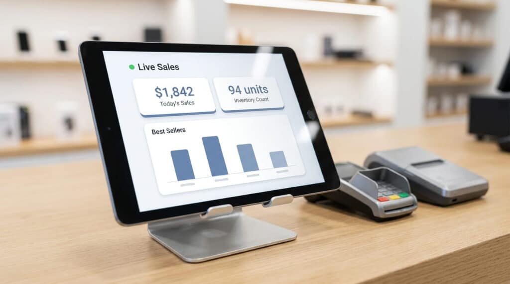 A tablet on a stand displays a live sales dashboard showing today's sales of $1,842, an inventory count of 94 units, and a best sellers bar chart, sitting on a wooden store counter beside a card payment terminal and receipt printer.