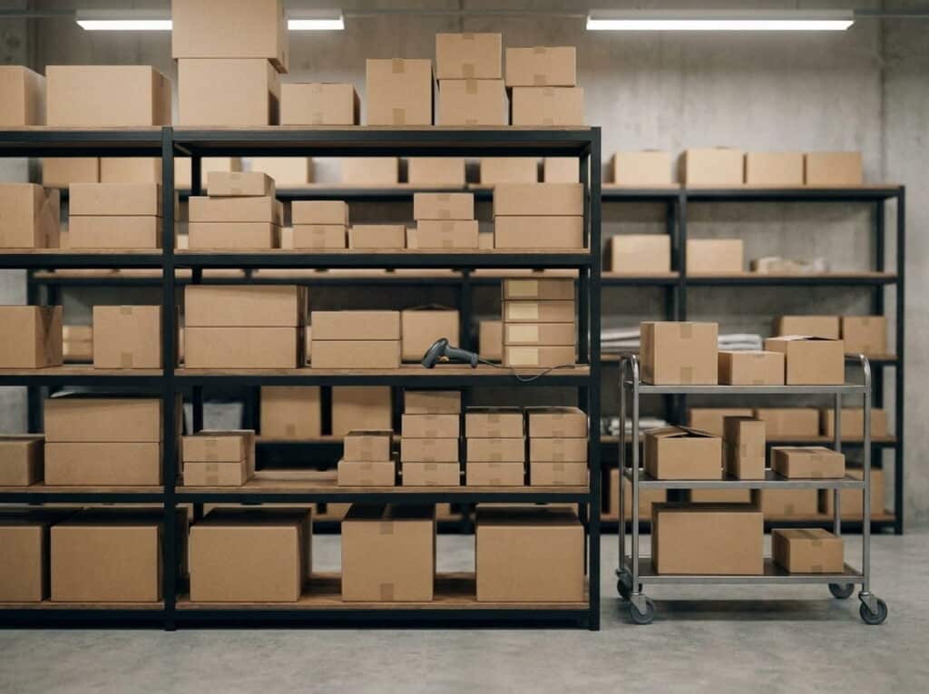 Metal warehouse shelving stacked with cardboard boxes and a corded barcode scanner resting on a shelf, next to a rolling cart loaded with additional boxes on a concrete floor.