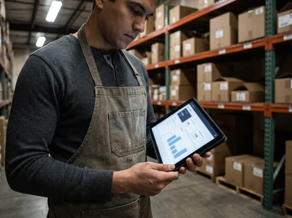 A worker in an apron reviews a bar chart dashboard on a tablet while standing in a warehouse aisle lined with boxes on industrial pallet racking.