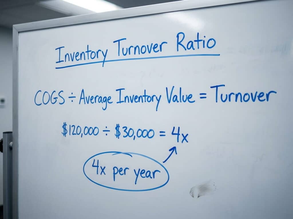 A whiteboard headed 'Inventory Turnover Ratio' showing the formula COGS divided by average inventory value equals turnover, with a worked example of $120,000 divided by $30,000 equals 4x, circled and labeled '4x per year.'