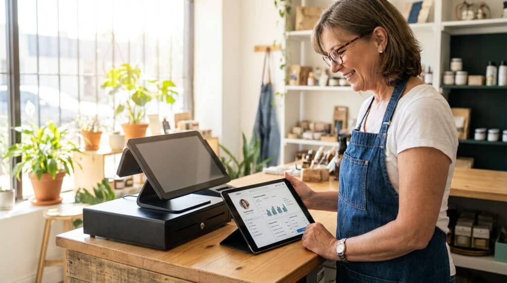 Retail shop owner reviewing customer purchase history on a POS tablet