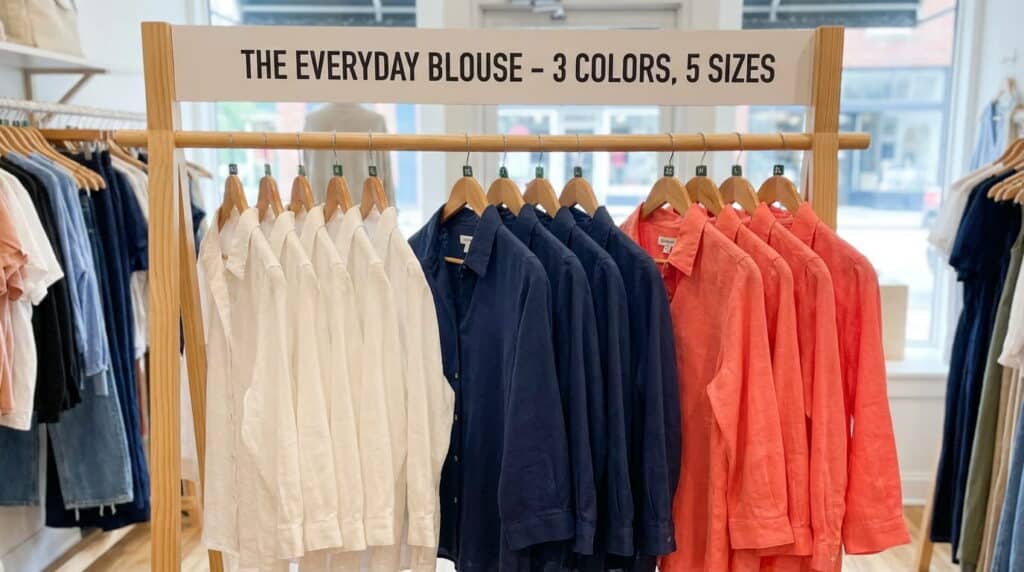 A wooden clothing rack in a boutique holds rows of button-up blouses in white, navy, and coral on wooden hangers, beneath a sign reading 'The Everyday Blouse – 3 Colors, 5 Sizes.' Additional apparel racks and a storefront window are visible in the background.