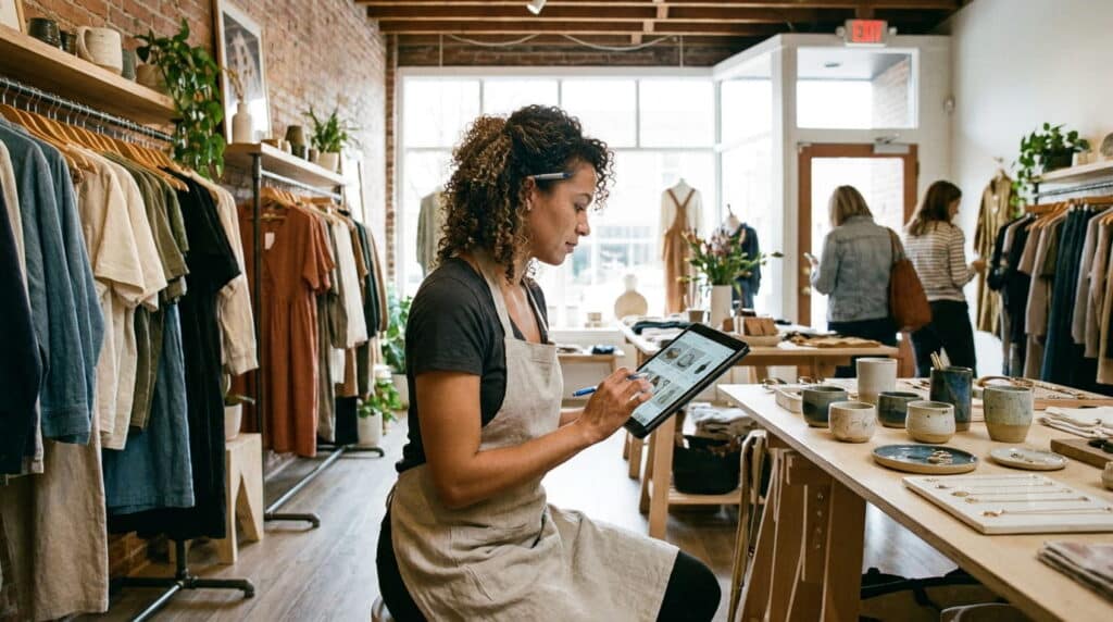 A shop employee in an apron sits with a stylus and tablet, reviewing a product inventory screen in a boutique. Racks of neutral-toned clothing line the left wall, handmade ceramics are displayed on a wooden table to the right, and customers browse near the storefront windows.