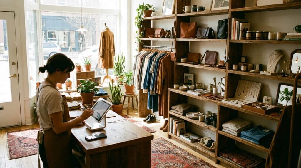 A boutique employee in an apron reviews inventory on a tablet POS at a wooden counter in a warmly lit shop. Rustic shelves display leather bags, ceramics, jewelry, and folded clothing, with a rack of neutral-toned apparel and a storefront window in the background.
