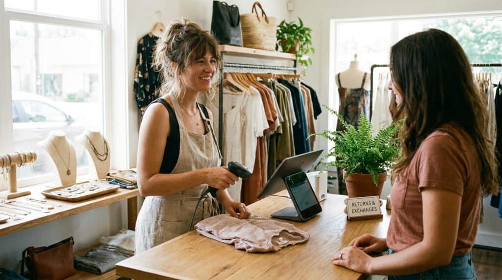 A smiling boutique clerk in an apron uses a handheld barcode scanner on a returned garment at a wooden counter with a tablet POS and a 'Returns & Exchanges' sign, while a customer looks on. Clothing racks, jewelry displays, and a potted fern fill the bright shop.