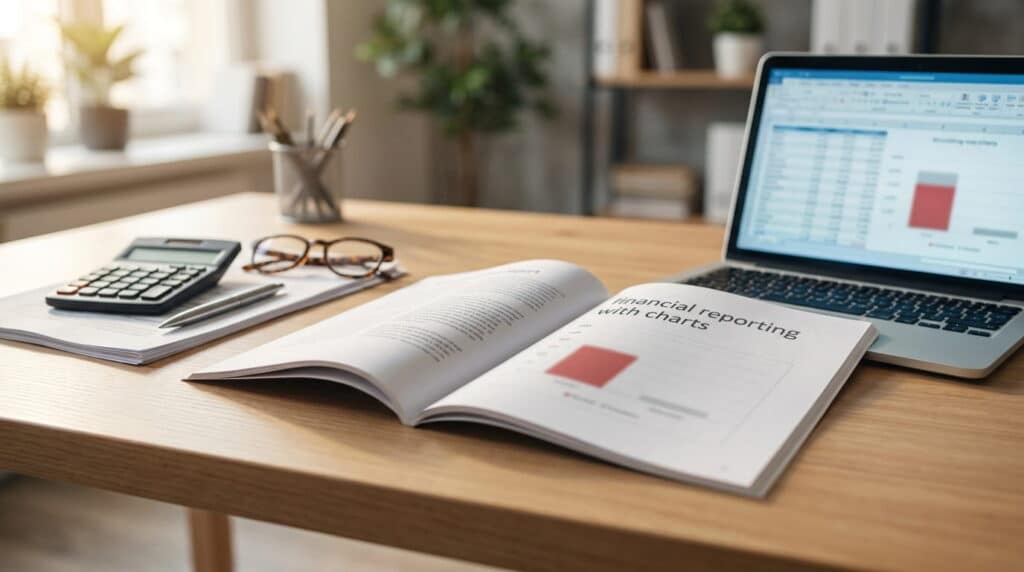 A wooden office desk with an open financial reporting book showing charts, a laptop displaying a spreadsheet with a bar chart, a calculator, reading glasses, a pen, and stacked papers. Potted plants and a bookshelf blur into the softly lit background.