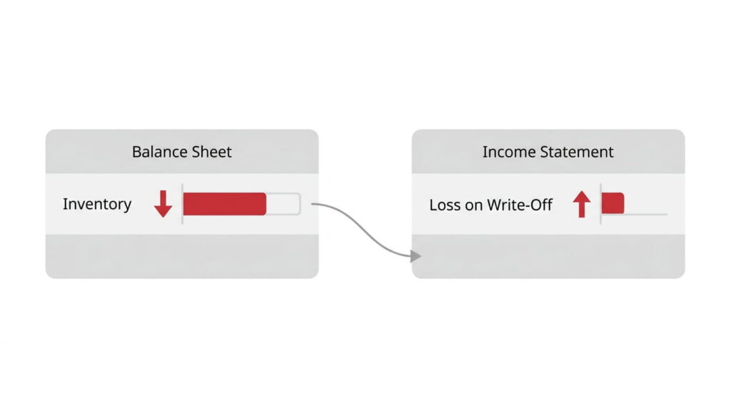 A diagram showing two panels connected by a curved arrow. The left 'Balance Sheet' panel shows 'Inventory' with a red down arrow and a decreasing bar, while the right 'Income Statement' panel shows 'Loss on Write-Off' with a red up arrow and an increasing bar, illustrating how an inventory write-off reduces assets and records a loss.