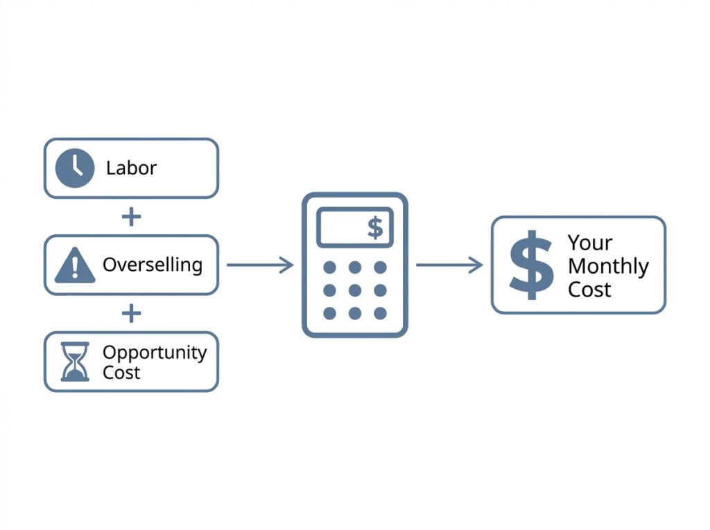 A blue-and-white infographic showing three stacked cost factors: 'Labor' (clock icon), 'Overselling' (warning icon), and 'Opportunity Cost' (hourglass icon), added together and fed through a calculator, with an arrow pointing to a dollar-sign box labeled 'Your Monthly Cost.