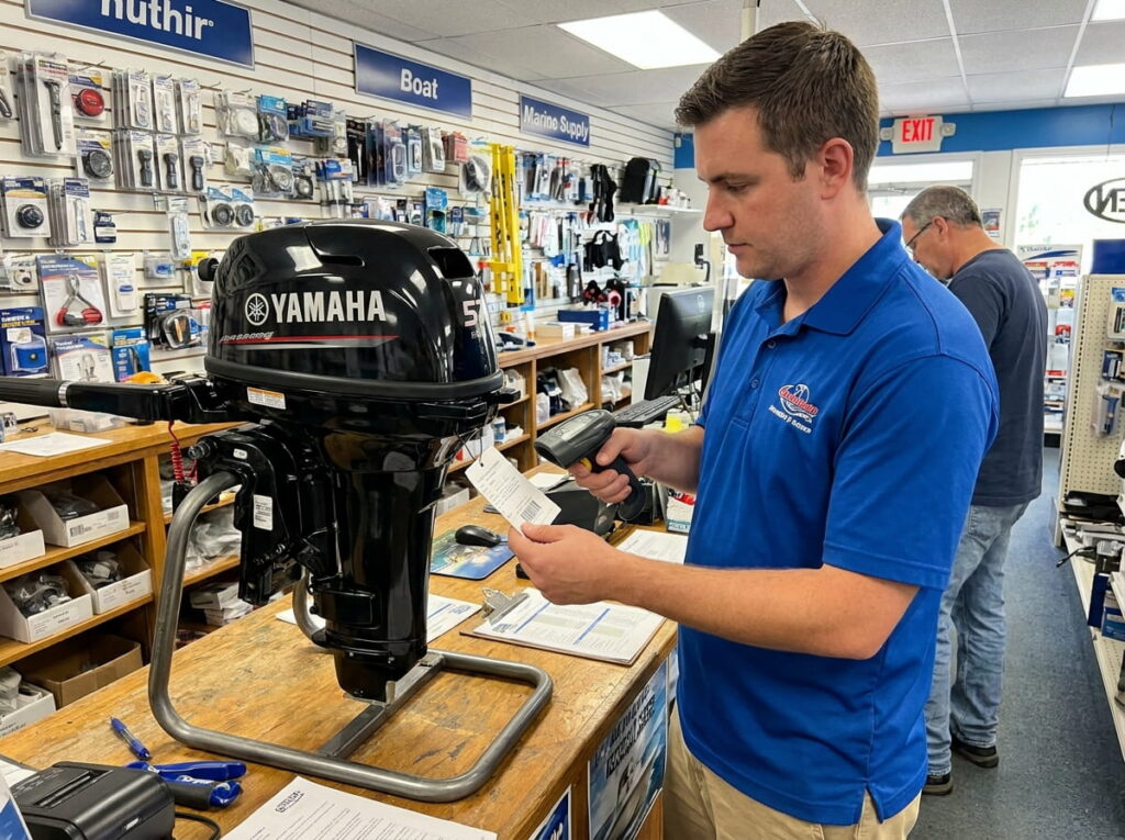A marine supply store employee in a blue polo scans a barcode label on an outboard boat motor displayed on a wooden counter, using a handheld scanner. Shelves of boating parts and accessories under 'Boat' and 'Marine Supply' signs fill the background.
